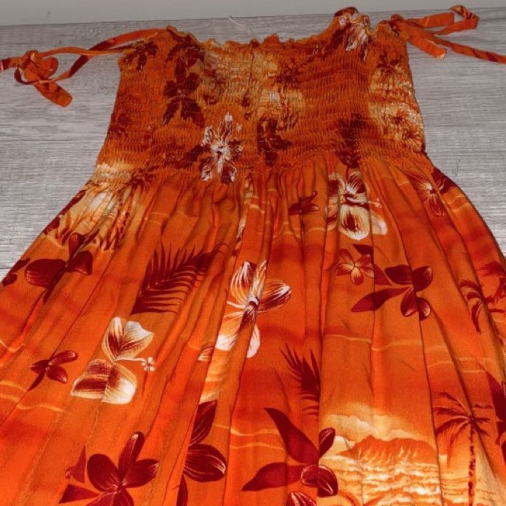orange flower long Hawaiian dress